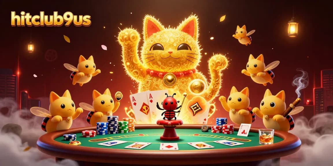 Experience excitement at hitclub9us with a vibrant illustration of a lucky cat and casino elements.