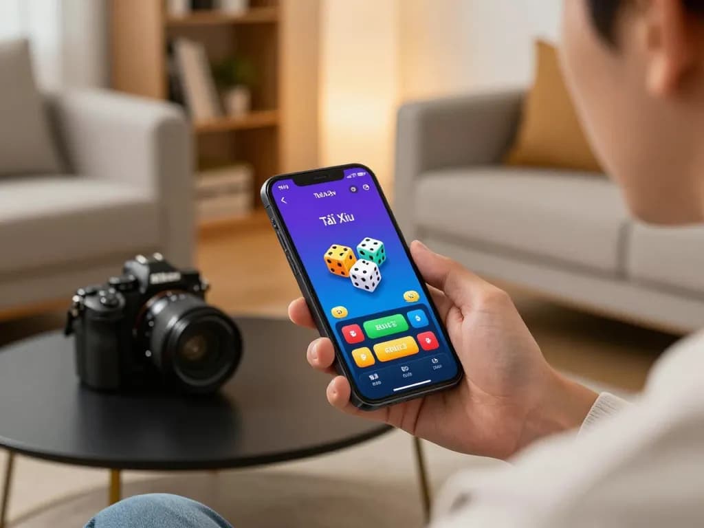 A player engaged with an app tài xỉu on their smartphone in a cozy living room, highlighting modern gameplay.