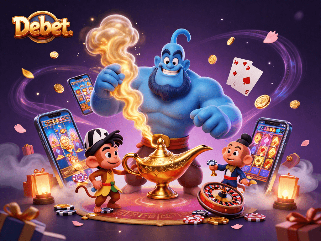 Experience thrilling gameplay at Debet. with a dynamic casino scene featuring a generous blue genie and exciting game elements.