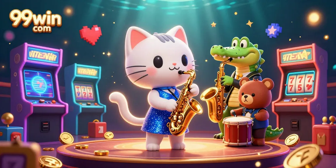 Engage with 99win com at a vibrant casino scene featuring adorable characters and lively game elements.