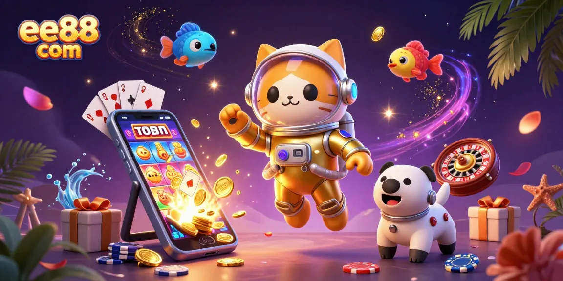 Experience thrilling slots at ee88 com with a vibrant 3D illustration of a space cat and gaming elements.