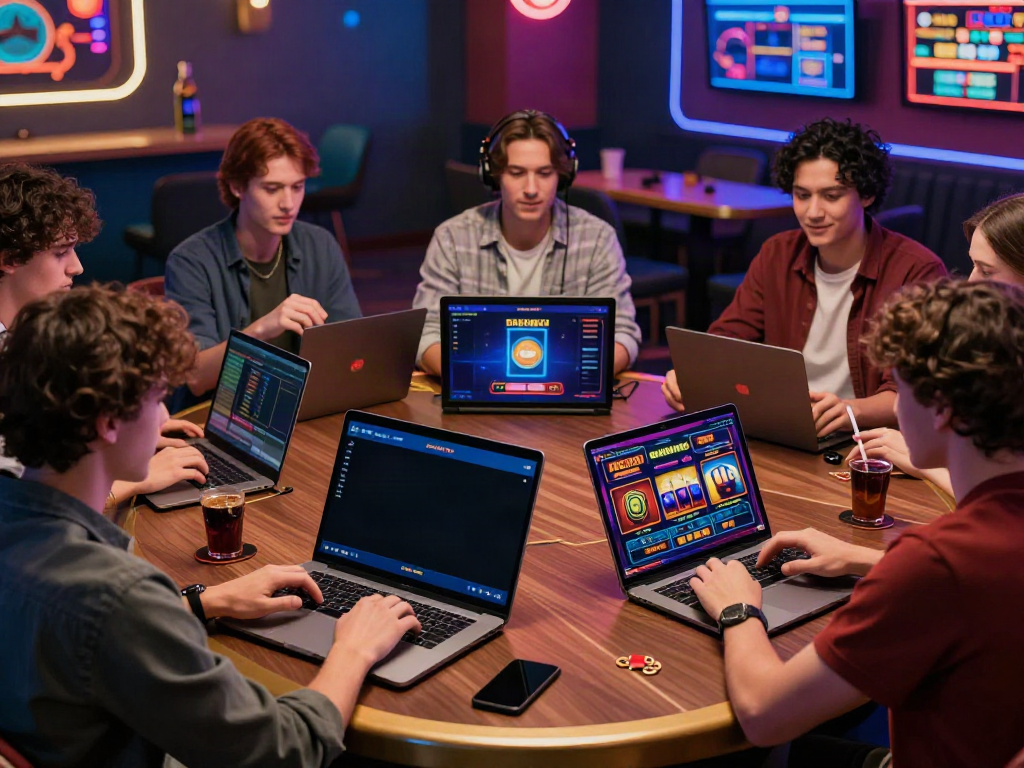 Players enjoying the FABET online betting experience on multiple devices, showcasing a vibrant gaming lounge atmosphere.