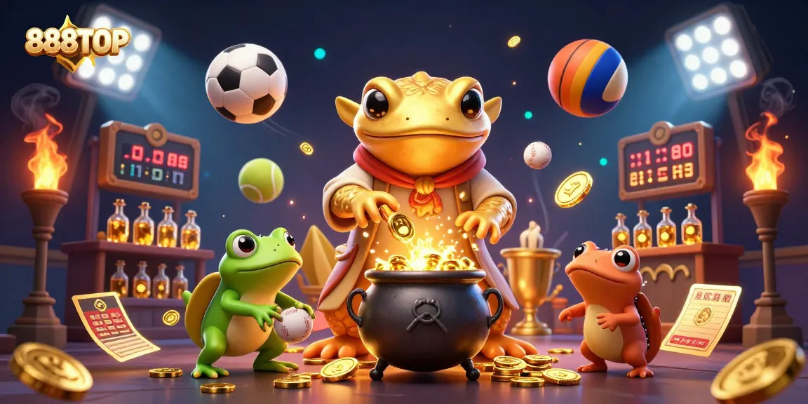 Experience thrilling action with 888TOP as golden coins and sports elements fly in this dynamic casino scene.