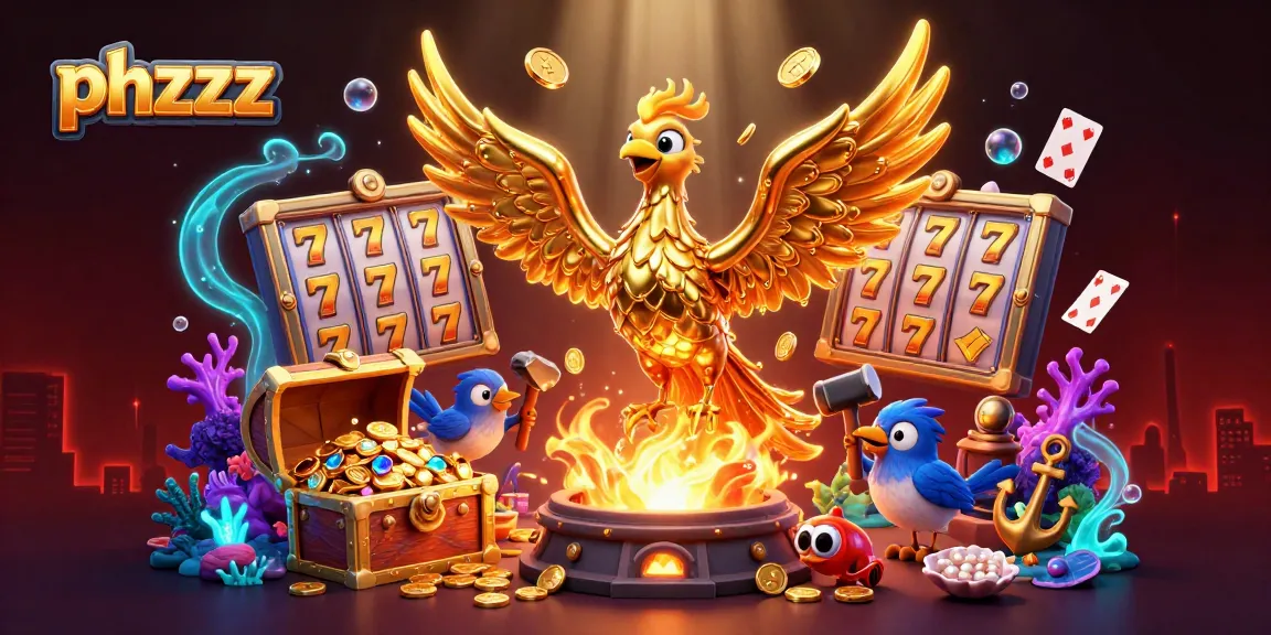 Experience the thrilling phzzz jackpot with a molten phoenix and vibrant slot reels in this stunning illustration.