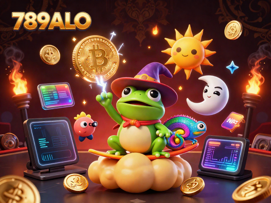 Experience thrilling wins at 789ALO with a magical scene of a wizard frog conjuring gold coins amidst a vibrant casino atmosphere.