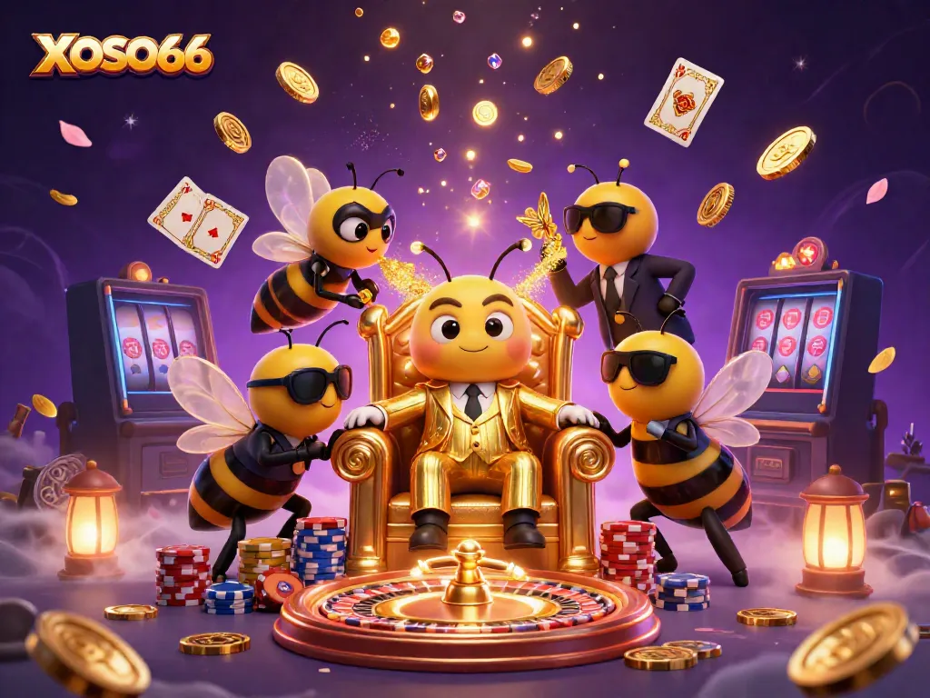 XOSO66 features a lively 3D scene with a bumblebee mob boss in a casino setting, symbolizing online gaming excitement.