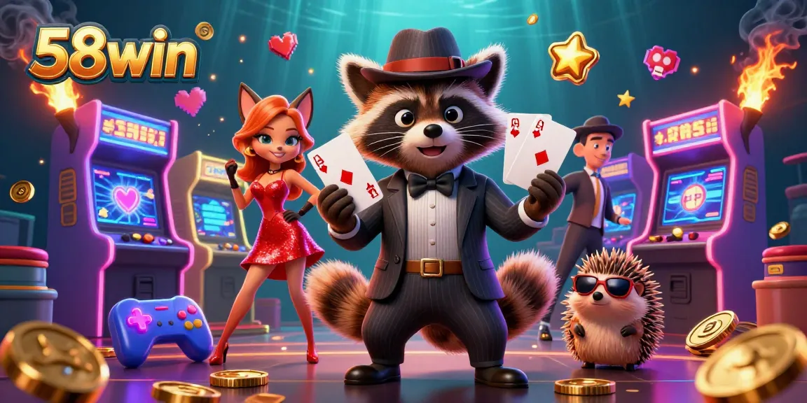 Catch the excitement at 58win with a dynamic casino scene featuring charming characters and vibrant gaming elements.