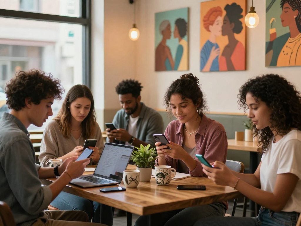 Social interaction among friends using f168 dating app in a café, showcasing modern dating culture.