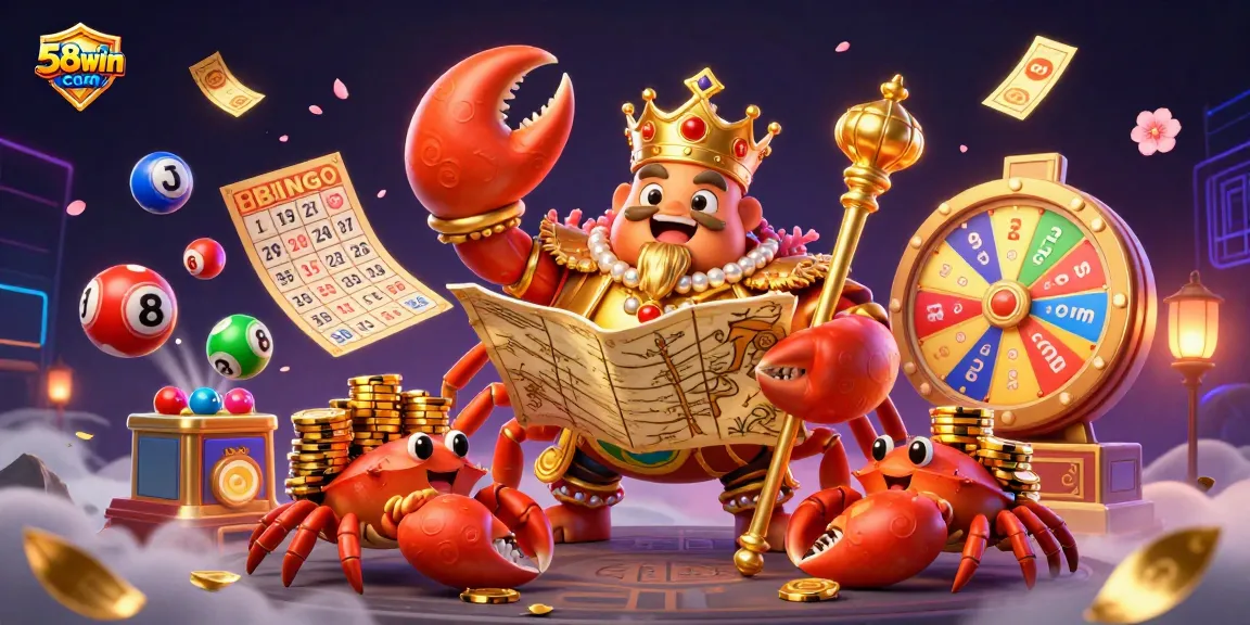Explore the exhilarating world of 58win com with a lively 3D illustration featuring a golden crab emperor amidst casino games and lottery elements.