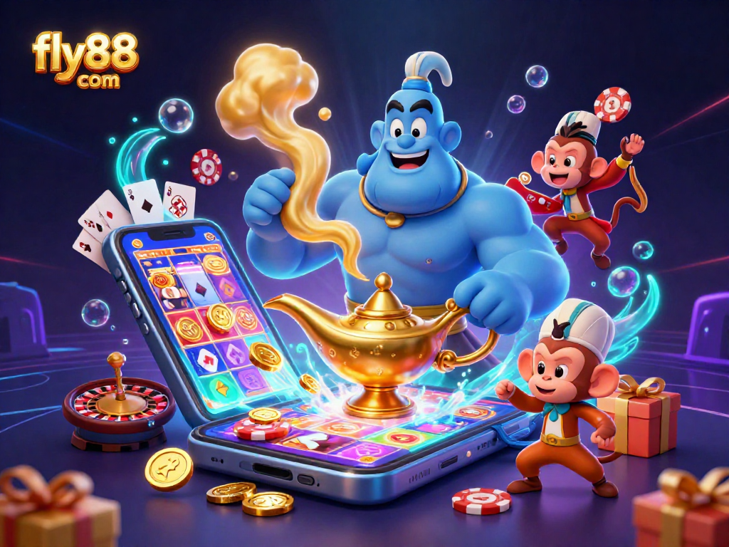 Engage with thrilling games at fly88 com in this vibrant, action-packed 3D casino illustration, featuring exciting slot elements.