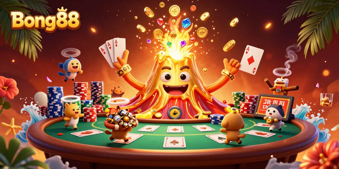 Experience the thrill with Bong88 as treasure flows from a golden volcano at a lively poker scene.