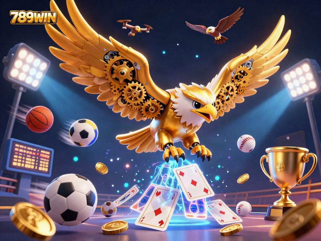 Engage with 789WIN's thrilling gaming adventure, featuring a cybernetic eagle amidst dynamic sports and casino elements.