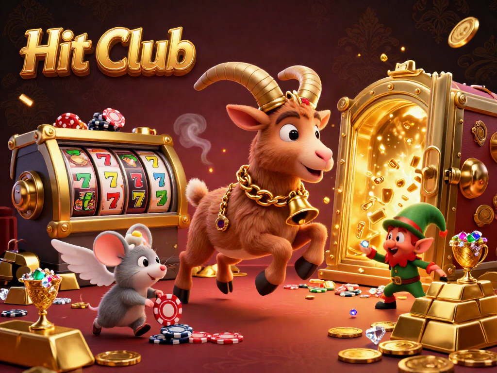 Experience thrilling action at Hit Club's festive casino with characters stealing chips, surrounded by treasures.