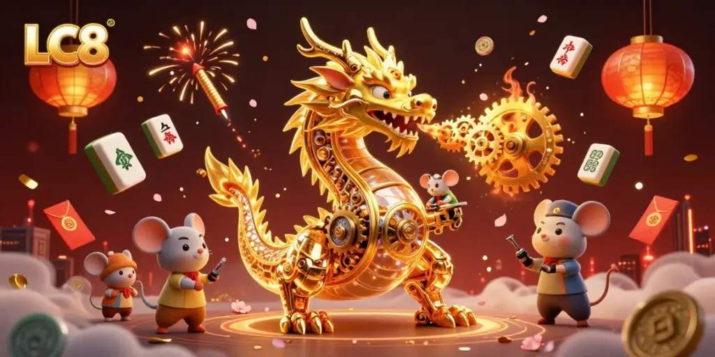 Experience thrilling gaming at LC8 with a dynamic casino scene featuring a golden dragon and lucky symbols.