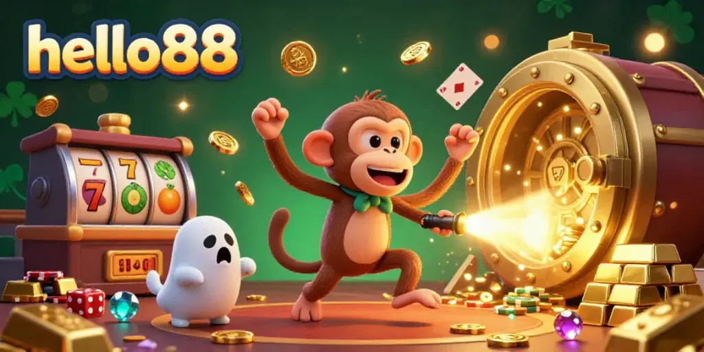Join the fun at hello88 as a mischievous monkey juggles golden casino treasures in a haunted setting!