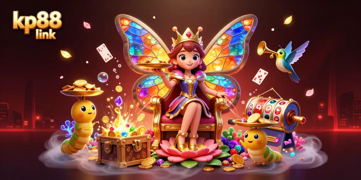 Experience the thrilling kp88 link world of slots with a vibrant 3D illustration featuring colorful gems and animated characters.