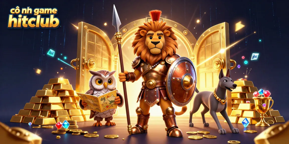Experience the excitement at cổng game hitclub with a dynamic 3D casino scene featuring treasures and iconic gaming characters.