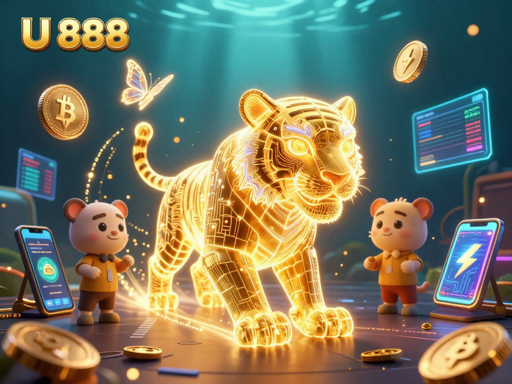 Engage with U 888 in a vibrant digital casino featuring a glowing golden tiger and cryptocurrency elements.