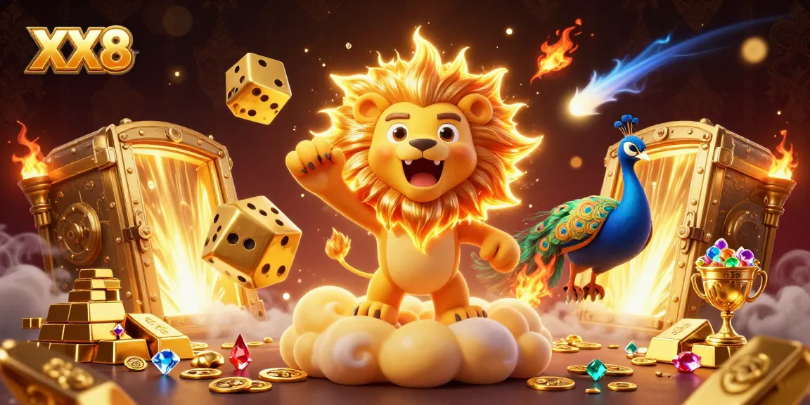 Engage with XX8 for thrilling casino gameplay beneath a roaring sun lion and sparkling treasures.