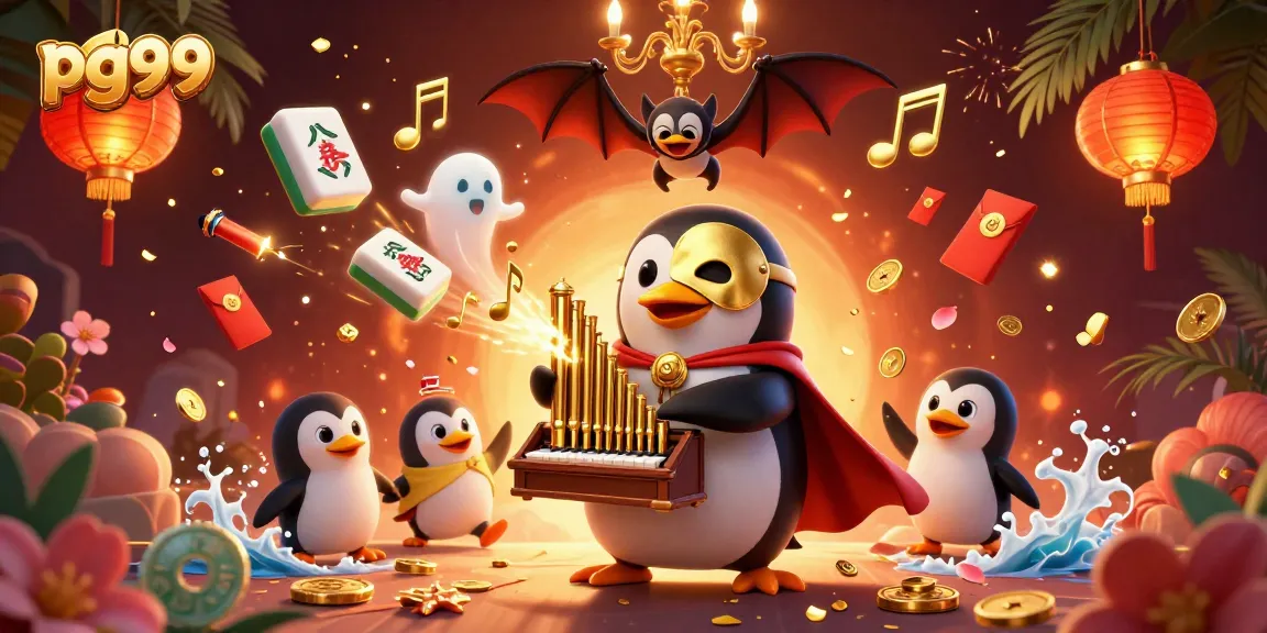 Experience the excitement of pg99 with a vibrant illustration of a penguin playing an organ amidst dazzling casino elements.