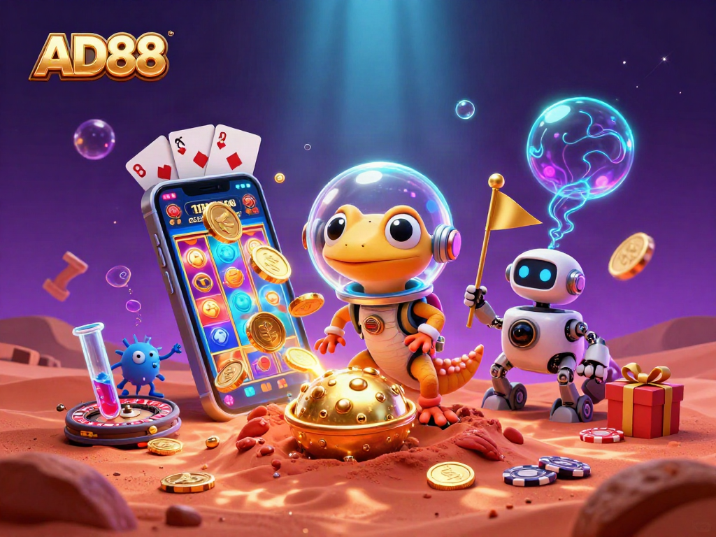 Experience AD88's vibrant 3D casino scene with Martian gecko and exciting gaming elements!