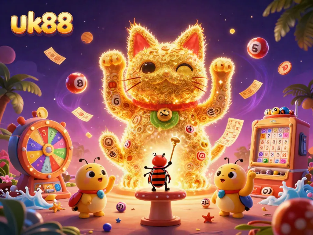 Engage with the vibrant world of UK88 as dynamic golden fireflies form a lucky cat amidst casino symbols.
