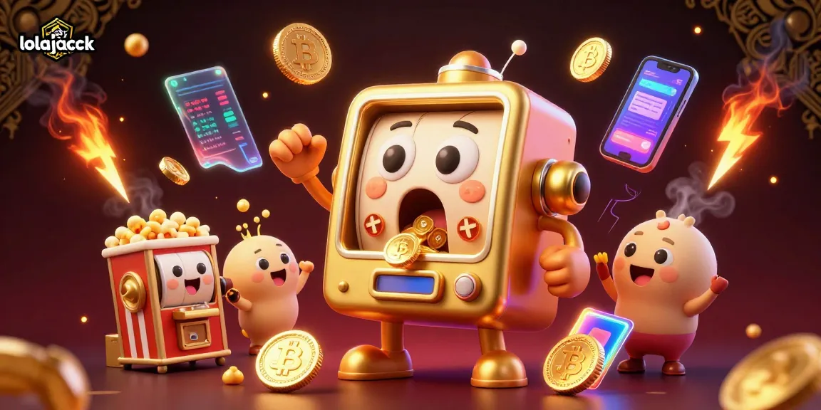 Lolajack Casino highlights a golden slot machine celebrating a jackpot win amidst colorful craft coins and crypto elements.