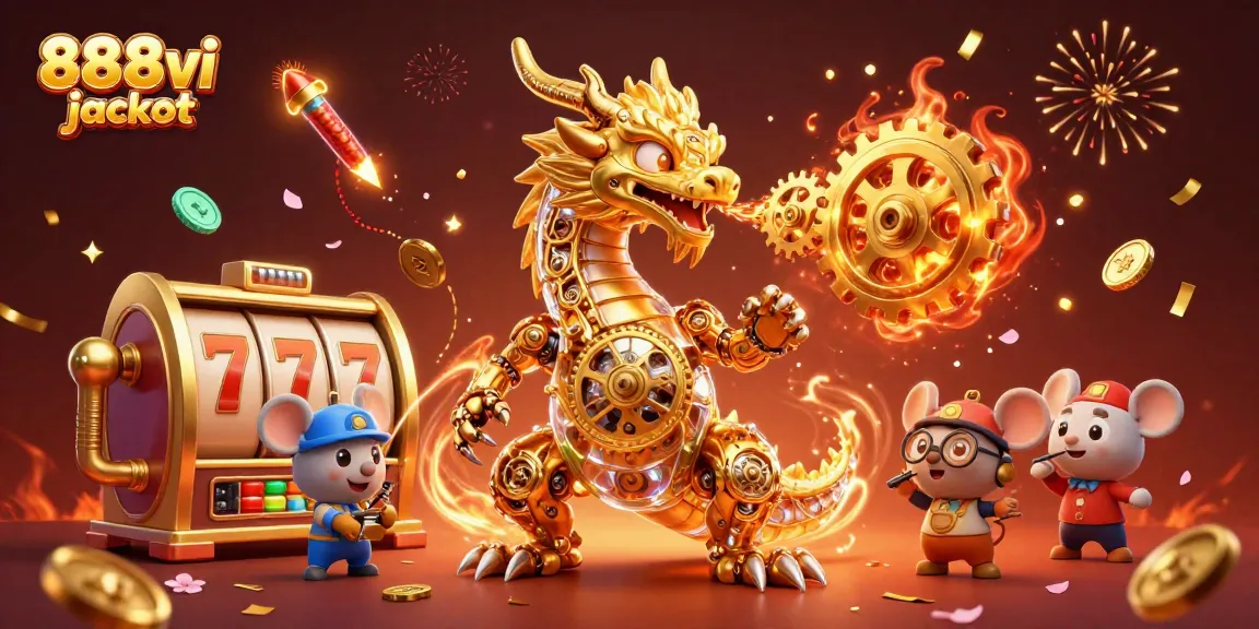 Experience the thrill of the 888vi jackpot with this vibrant 3D illustration showcasing golden dragons and slot games.