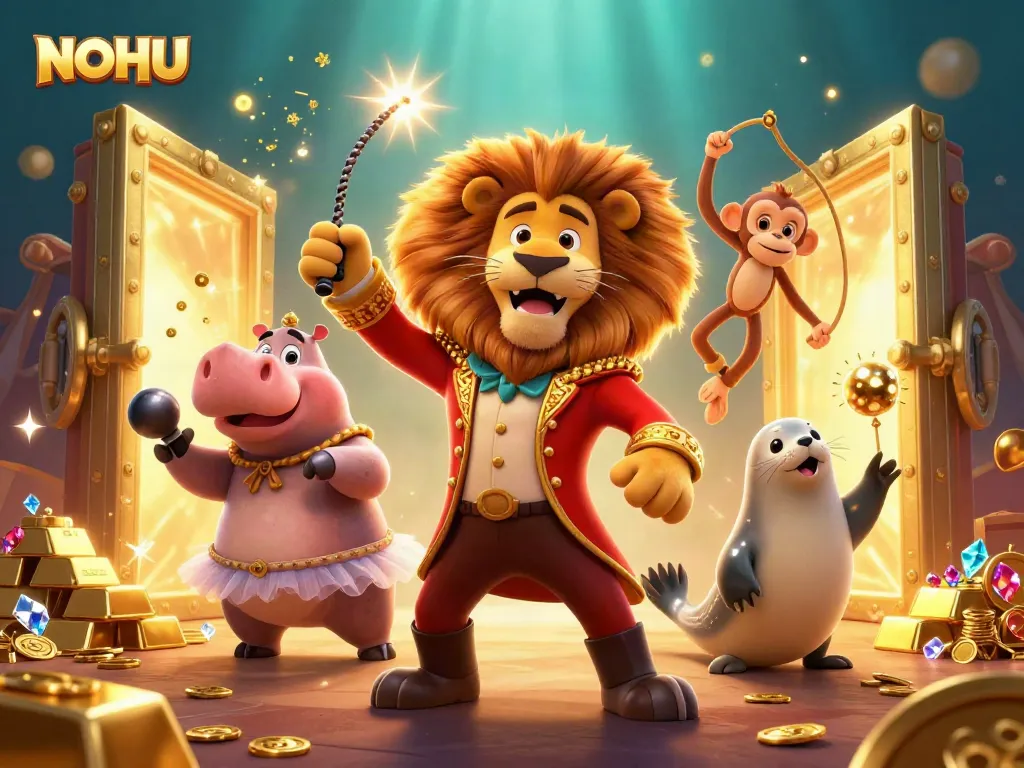 Experience the thrill of NOHU Casino with vibrant characters and sparkling treasures in a dynamic 3D scene.
