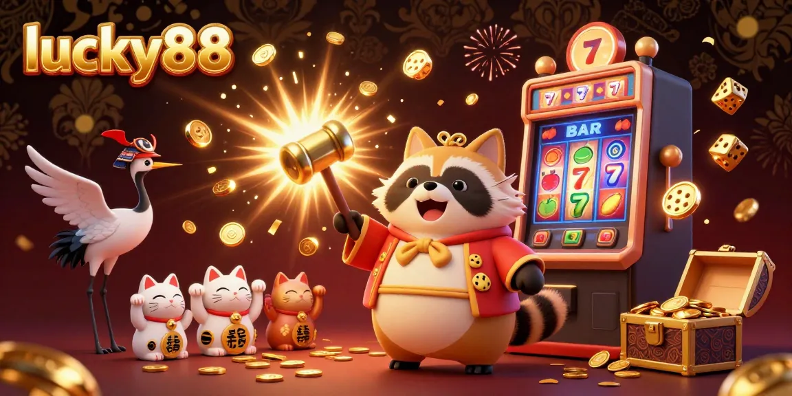 Spin to win with lucky88's vibrant, festive illustration filled with playful characters and dynamic casino elements.