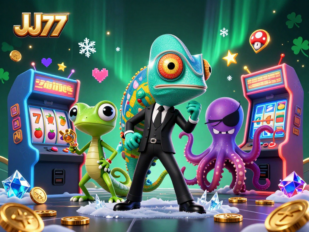 Engage with JJ77's thrilling casino adventure featuring colorful slot machines and dynamic characters.