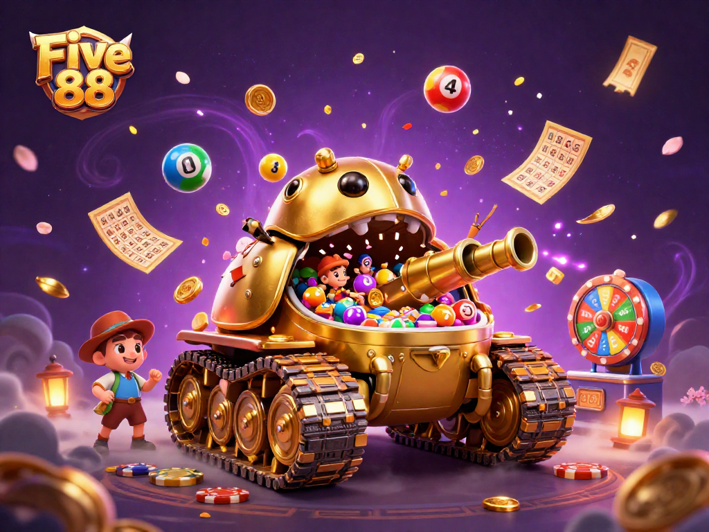 Engage with dynamic gameplay at Five 88 with a vibrant 3D casino scene packed with lottery elements.