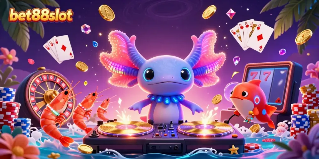 Experience the vibrant world of bet88slot as colorful characters engage in a lively casino scene filled with games.