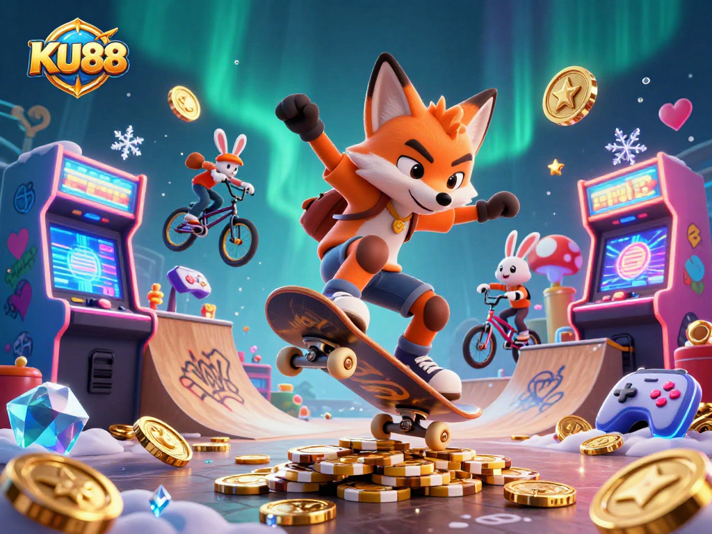 Experience thrilling gaming at KU88 with vibrant casino symbols and animated characters engaging in dynamic tricks.
