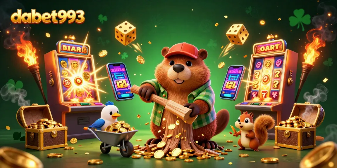 DABET993 enhances gaming excitement with a vibrant 3D casino scene filled with winning symbols and golden treasures.