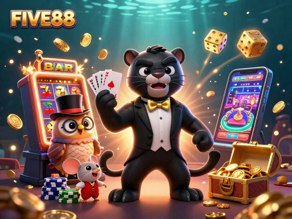 FIVE88 showcases an exciting casino scene with a panther dealer, owl, and lucky mouse surrounded by games and jackpot elements.