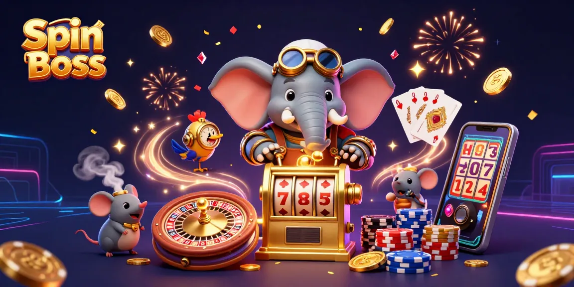 Spin Boss 3D steampunk illustration showcasing an elephant engineer at a golden slot machine with coins cascading around.