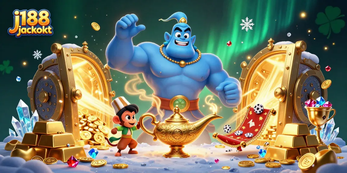 Join the excitement of j188 jackpot with a dynamic scene featuring a blue genie, treasure vaults, and thrilling casino elements.