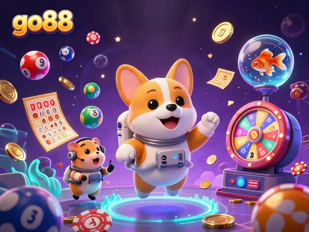 Experience the excitement of go88 with a floating corgi astronaut and casino elements in a colorful, dynamic cosmic theme.