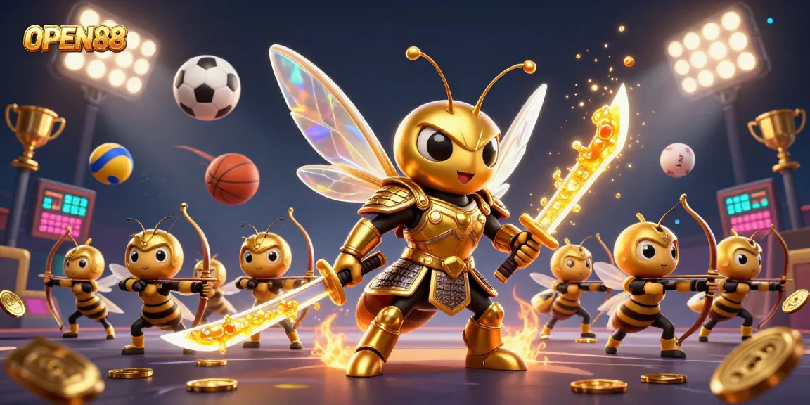 A vibrant illustration of OPEN88 featuring a golden hornet samurai with sports elements symbolizing winning strategies.