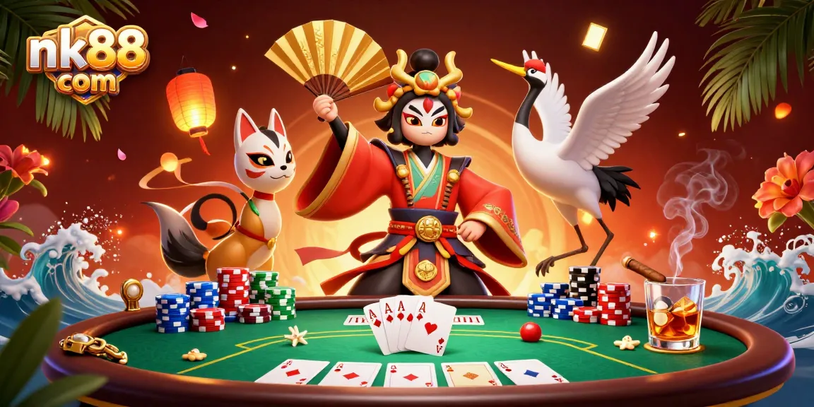 Engaging scene illustrating nk88 com with kabuki warrior and dynamic poker action.