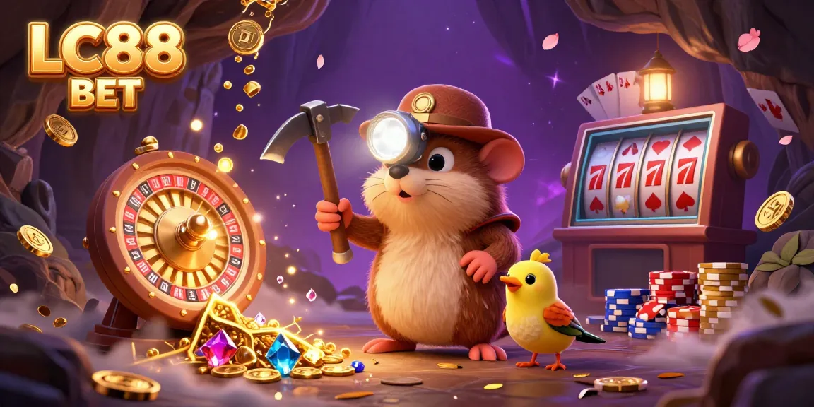 Join the treasure hunter mole in this dazzling LC88 BET illustration, mining for golden winnings amidst sparkling casino elements.