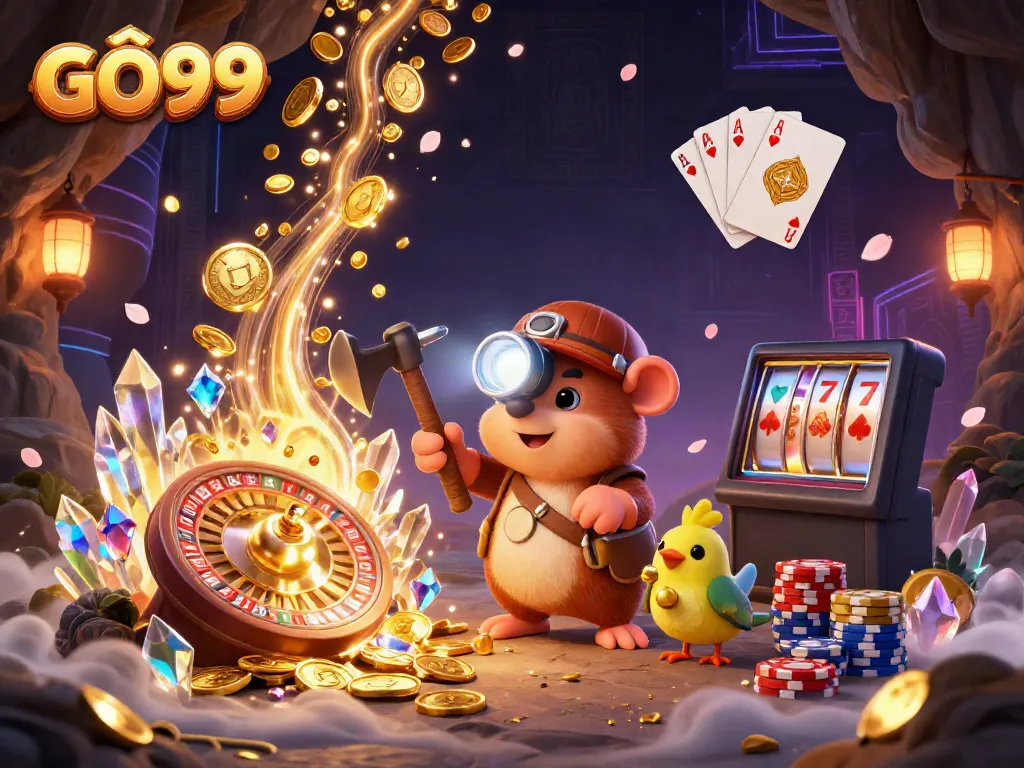 Engage with GÔ99 by experiencing a dynamic treasure hunt filled with golden coins and thrilling casino elements.