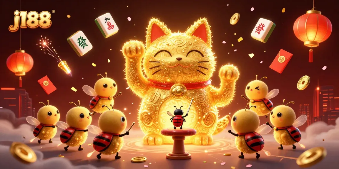 Experience ultimate gaming excitement at j188 with a dynamic golden lucky cat made of fireflies.