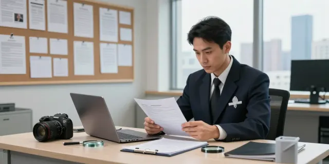 굿탐정 흥신소 private investigator analyzing case files in a modern office setting.