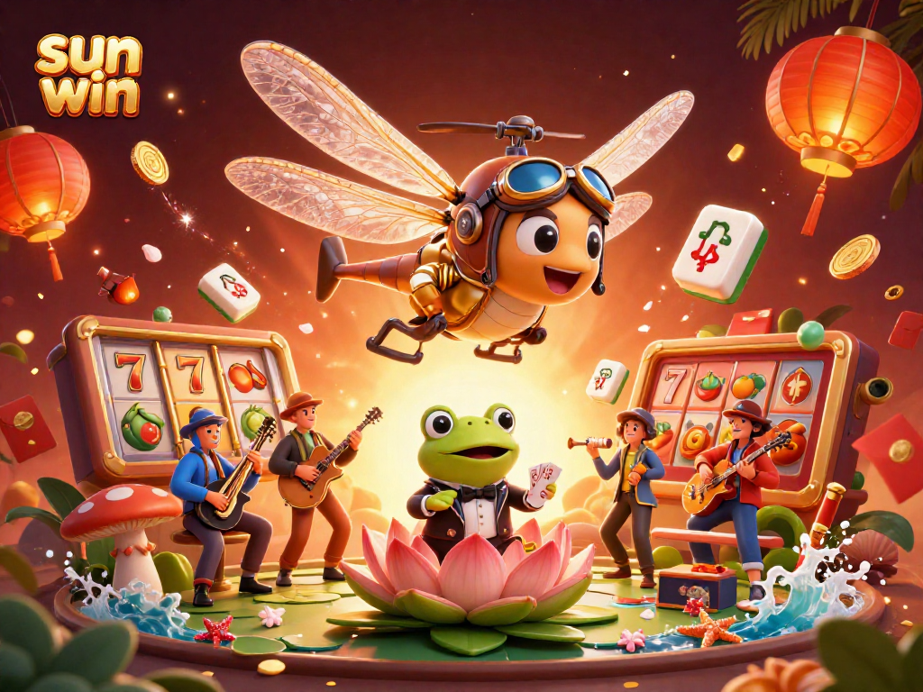 Play and win with sun win at an engaging lily pad casino, showcasing vibrant characters and festive elements.