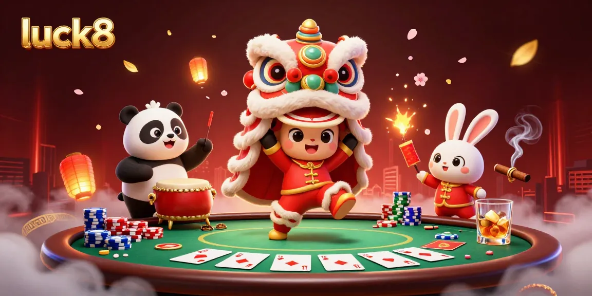 Experience luck8 with vibrant gaming fun in a packed casino scene featuring unique characters.
