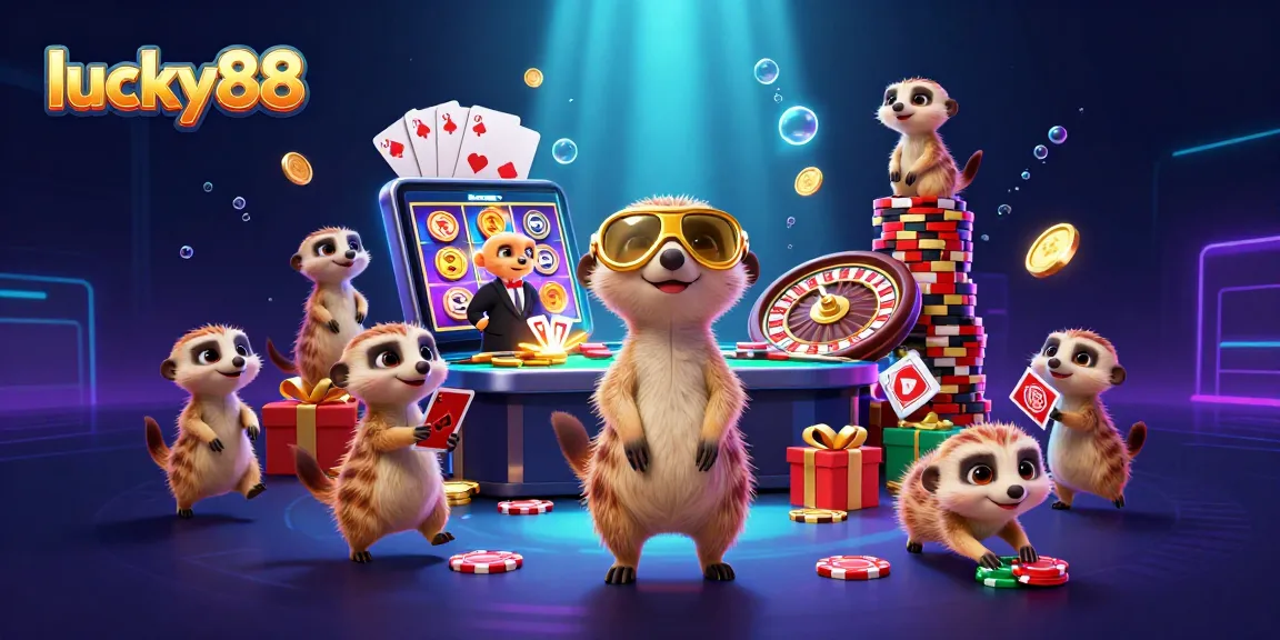 Experience lucky88's vibrant casino with lively meerkats, spinning slot games, colorful chips, and treasure-filled excitement.