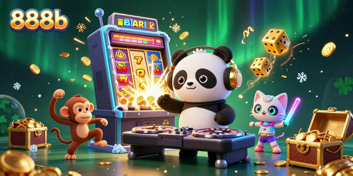 Engage with 888b's vibrant 3D casino scene showcasing DJ panda and friends amidst jackpot excitement.