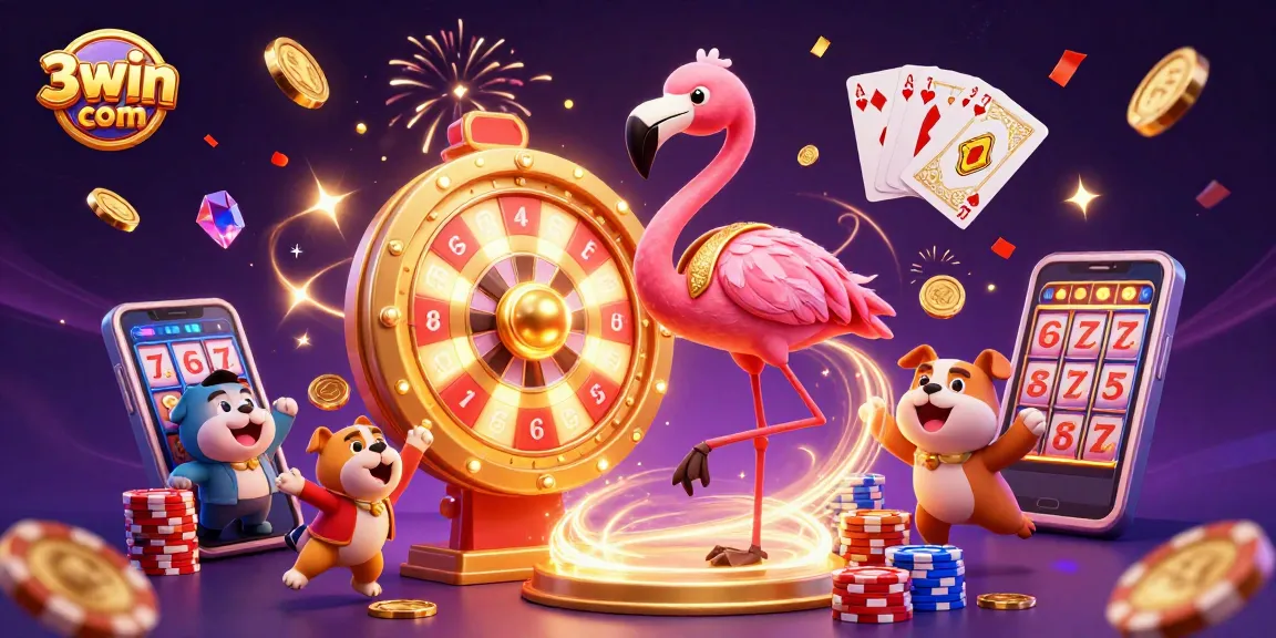 Excited moments at 3win com with a flamingo game show host and dynamic casino elements.